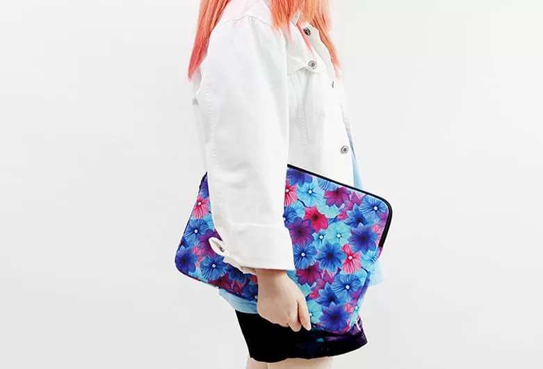 Blue Red Dahlia Floral Graphic Laptop Sleeves 11 13 15 inch Cases Protective Covers Handbags Square Pouches Designer Artist Prints Cute Lightweight School Collage Office Zipper Fashion Unique Gifts Skins