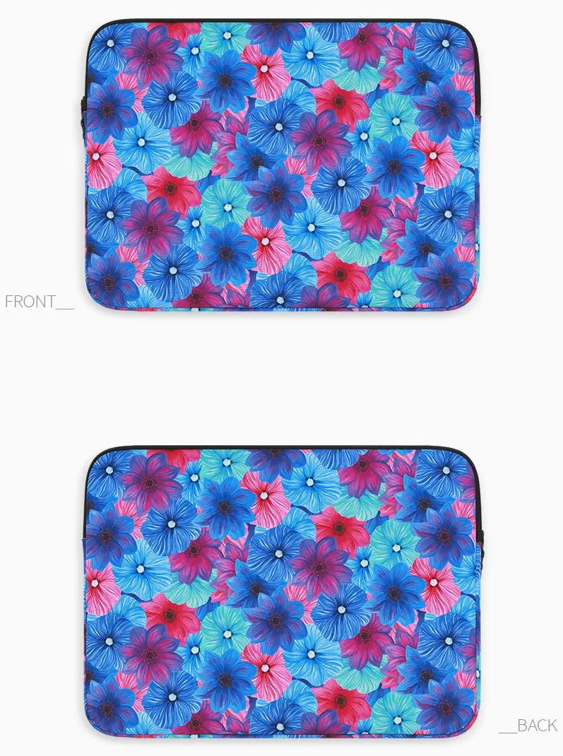 Blue Red Dahlia Floral Graphic Laptop Sleeves 11 13 15 inch Cases Protective Covers Handbags Square Pouches Designer Artist Prints Cute Lightweight School Collage Office Zipper Fashion Unique Gifts Skins