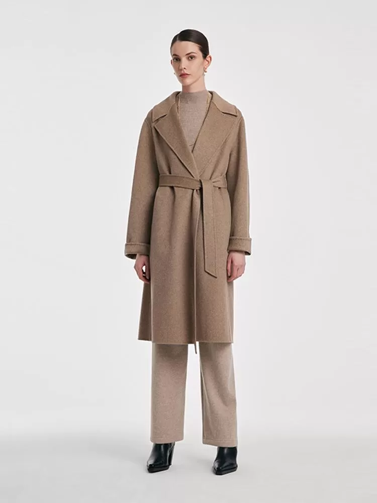 Cashmere Lapel Women Coat With Belt