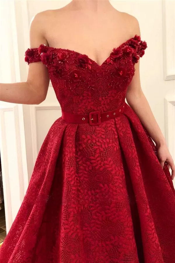 Charming Red Lace Off the Shoulder Prom Dresses, V Neck Handmade Flowers Party Dresses STK15121