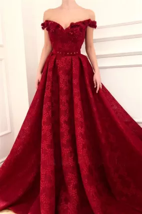 Charming Red Lace Off the Shoulder Prom Dresses, V Neck Handmade Flowers Party Dresses STK15121