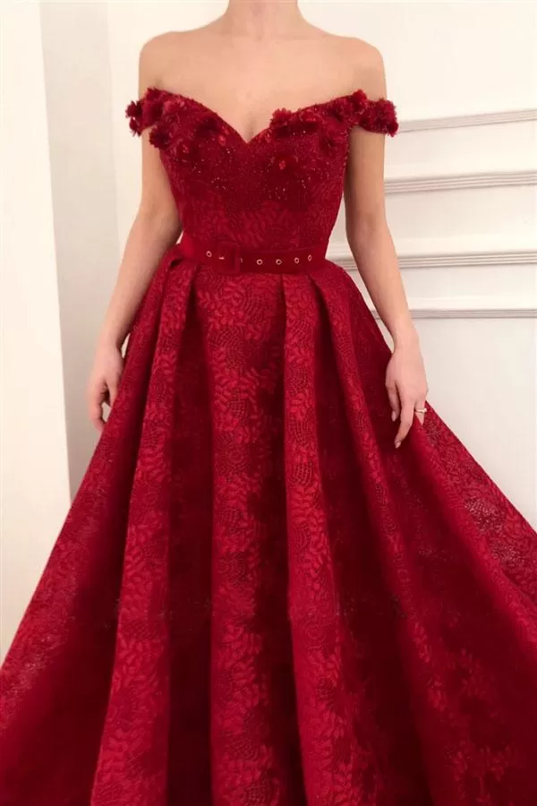 Charming Red Lace Off the Shoulder Prom Dresses, V Neck Handmade Flowers Party Dresses STK15121