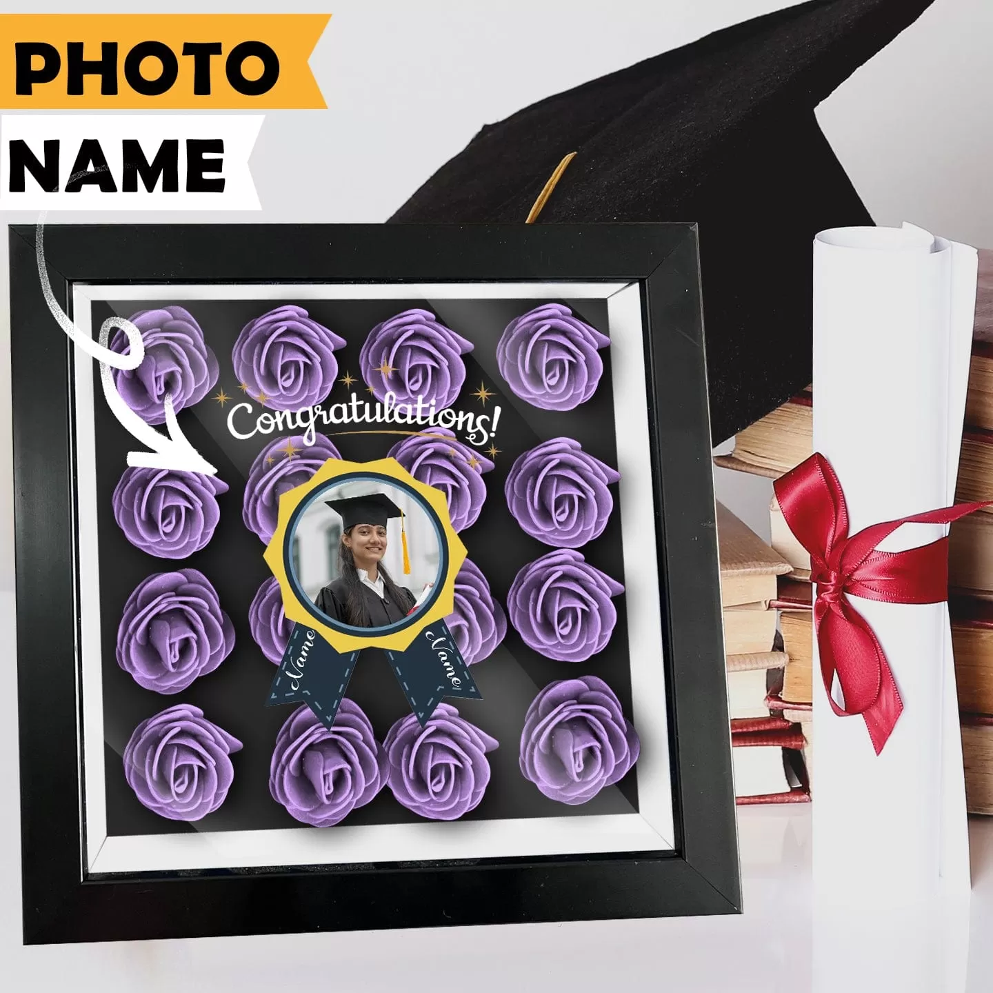 Custom Photo&Name Medal Graduation Cover Flower Shadow Box Display Personalized Graduation Gift Decorations