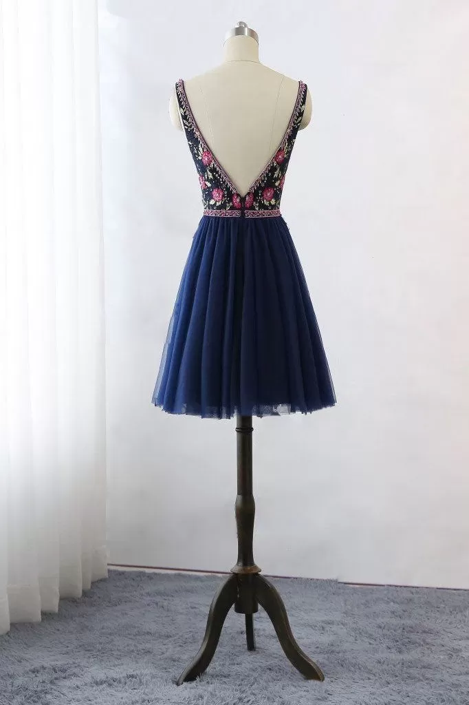 Dark Blue V Neck Lace Tulle Short Prom Dresses Floral Print Backless Homecoming Dress