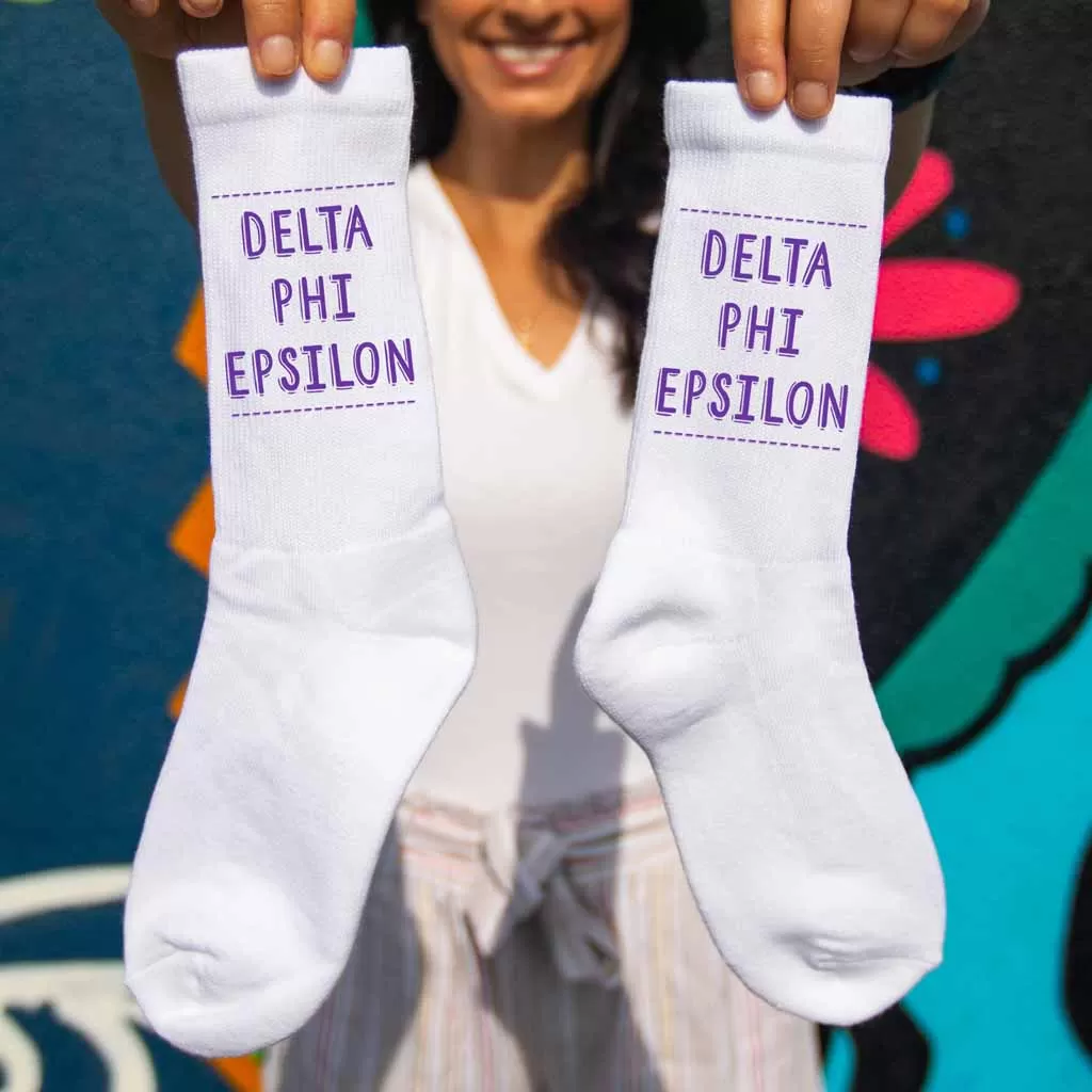 Delta Phi Epsilon Crew Socks with Delta Phi Epsilon Name in Sorority Colors