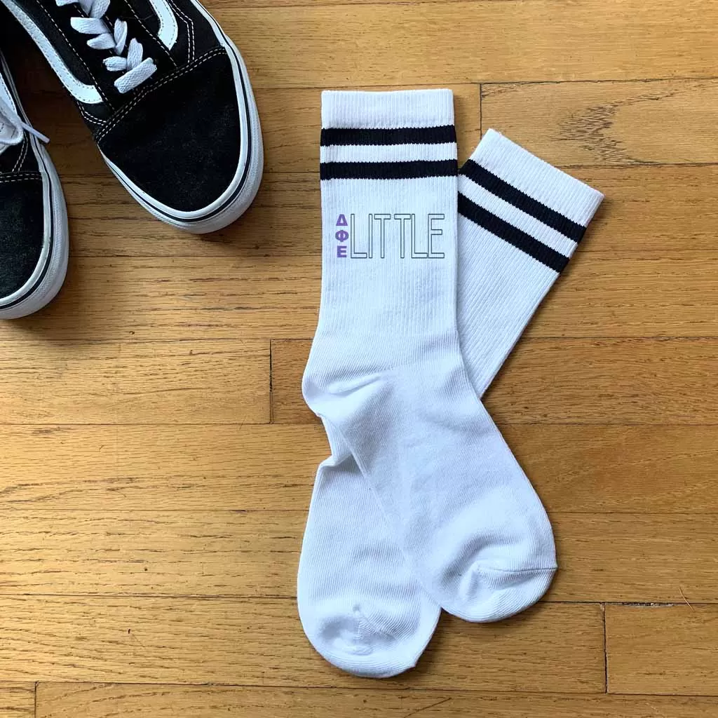 Delta Phi Epsilon Sorority Socks for your Big and Little with Greek Letters on Striped Cotton Crew Socks