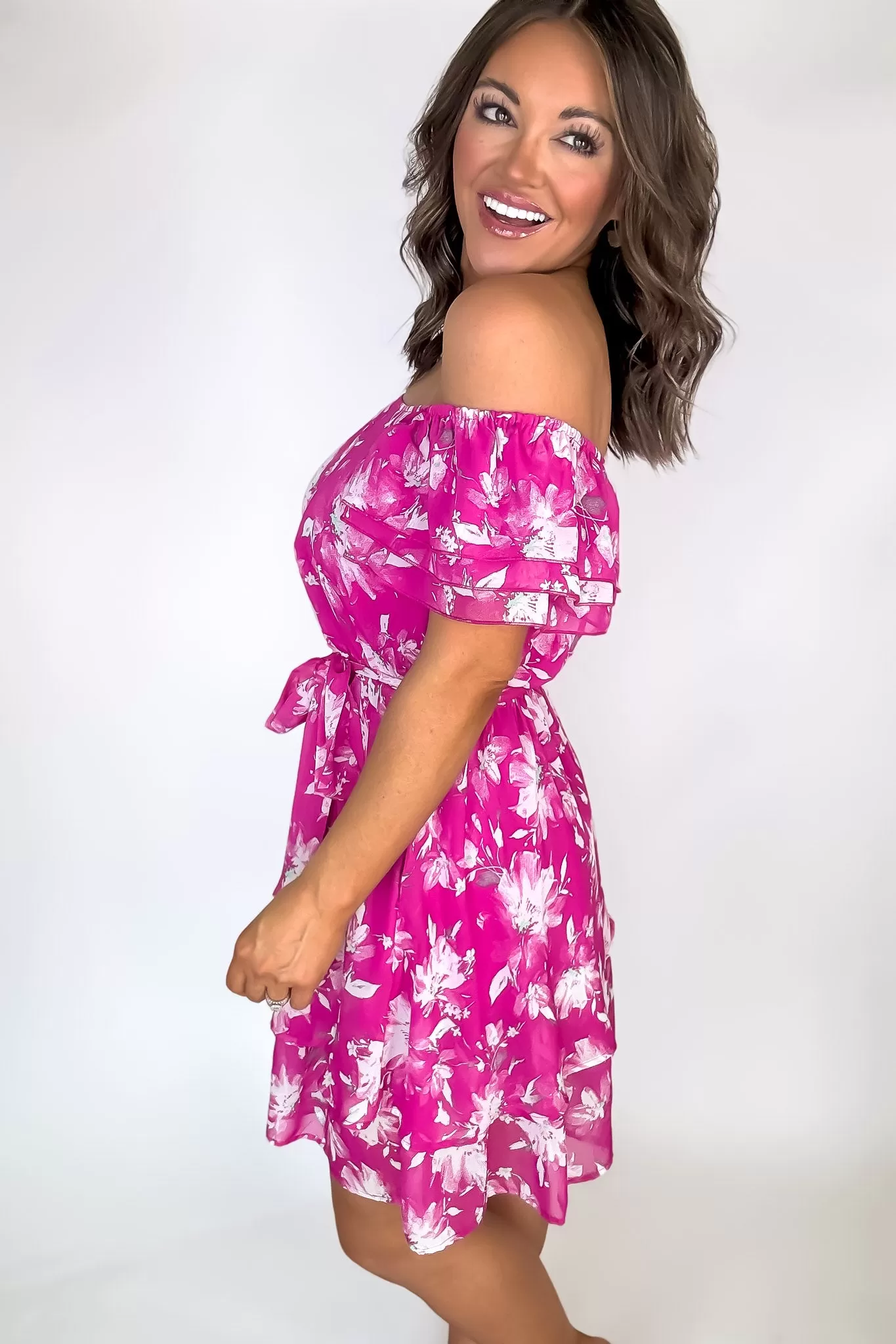 Fuchsia Flower Print Ruffle Sleeve Waist Tie Dress