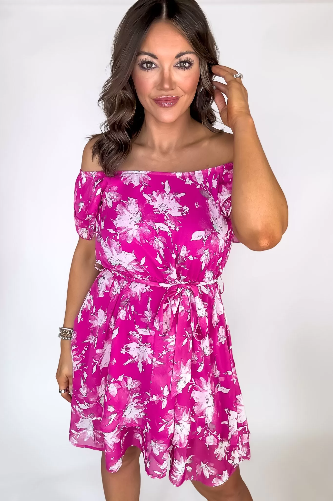 Fuchsia Flower Print Ruffle Sleeve Waist Tie Dress