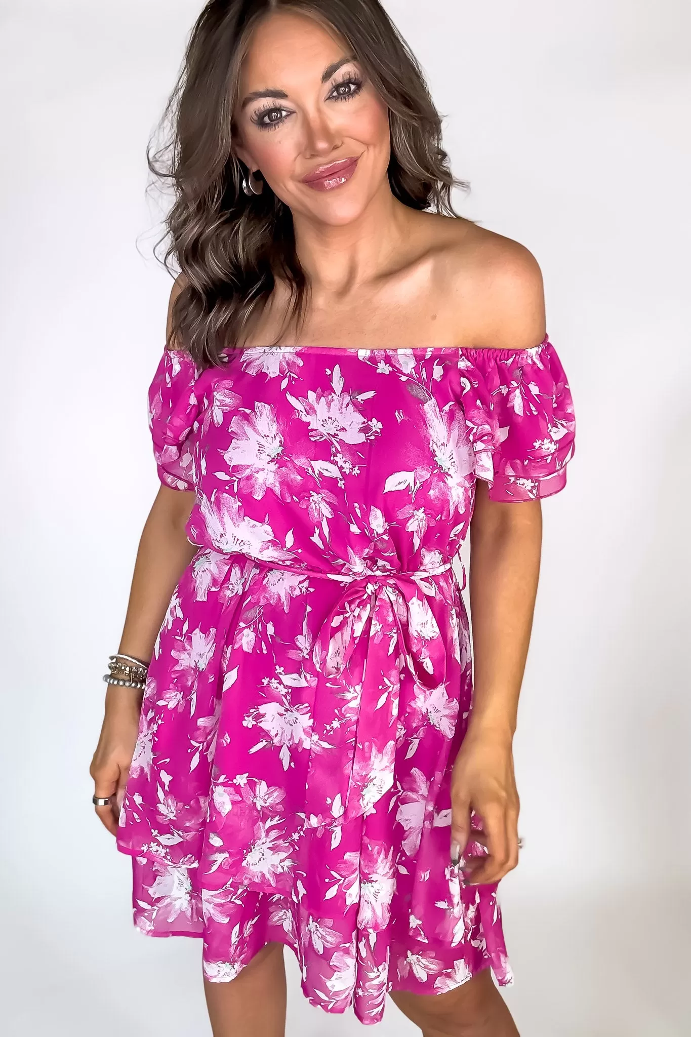 Fuchsia Flower Print Ruffle Sleeve Waist Tie Dress