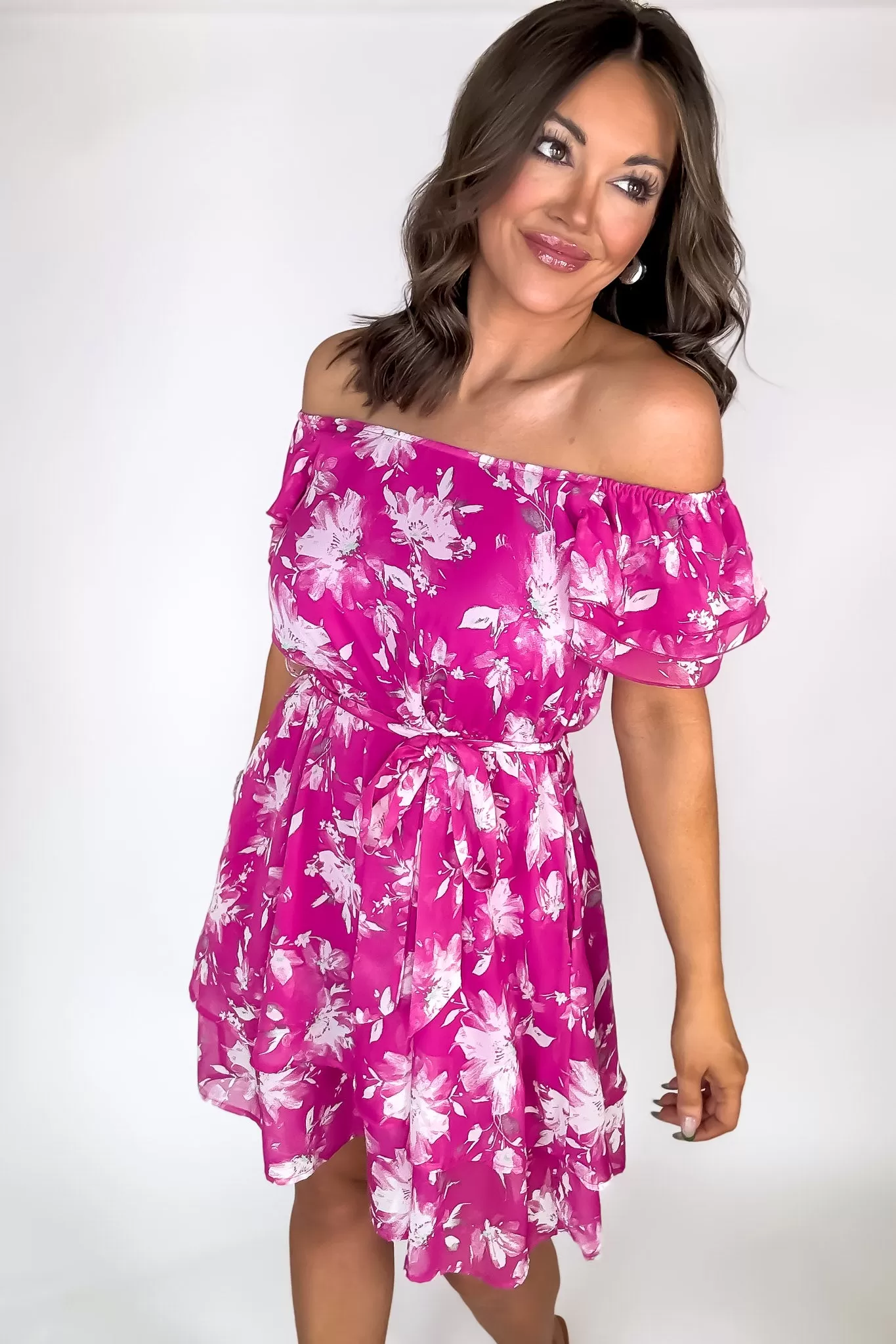 Fuchsia Flower Print Ruffle Sleeve Waist Tie Dress