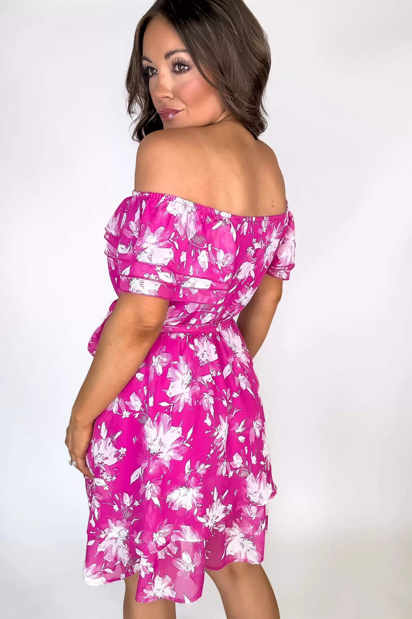 Fuchsia Flower Print Ruffle Sleeve Waist Tie Dress