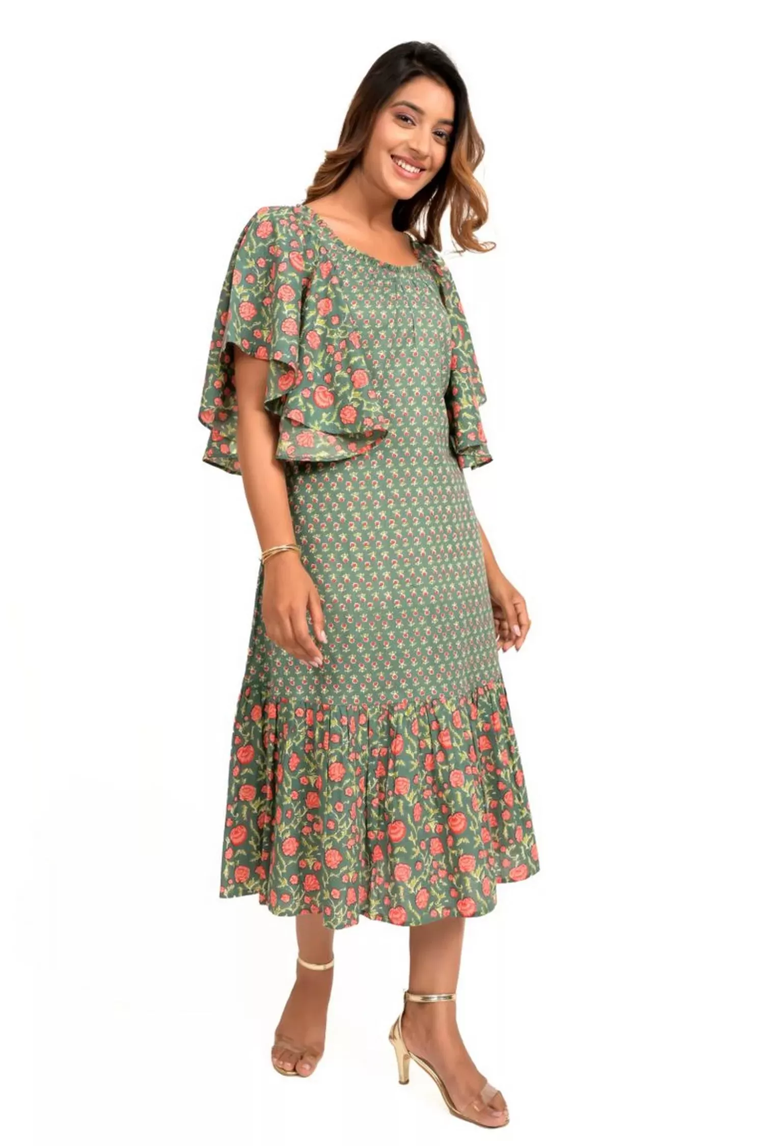 Green and Peach Printed Frill Dress