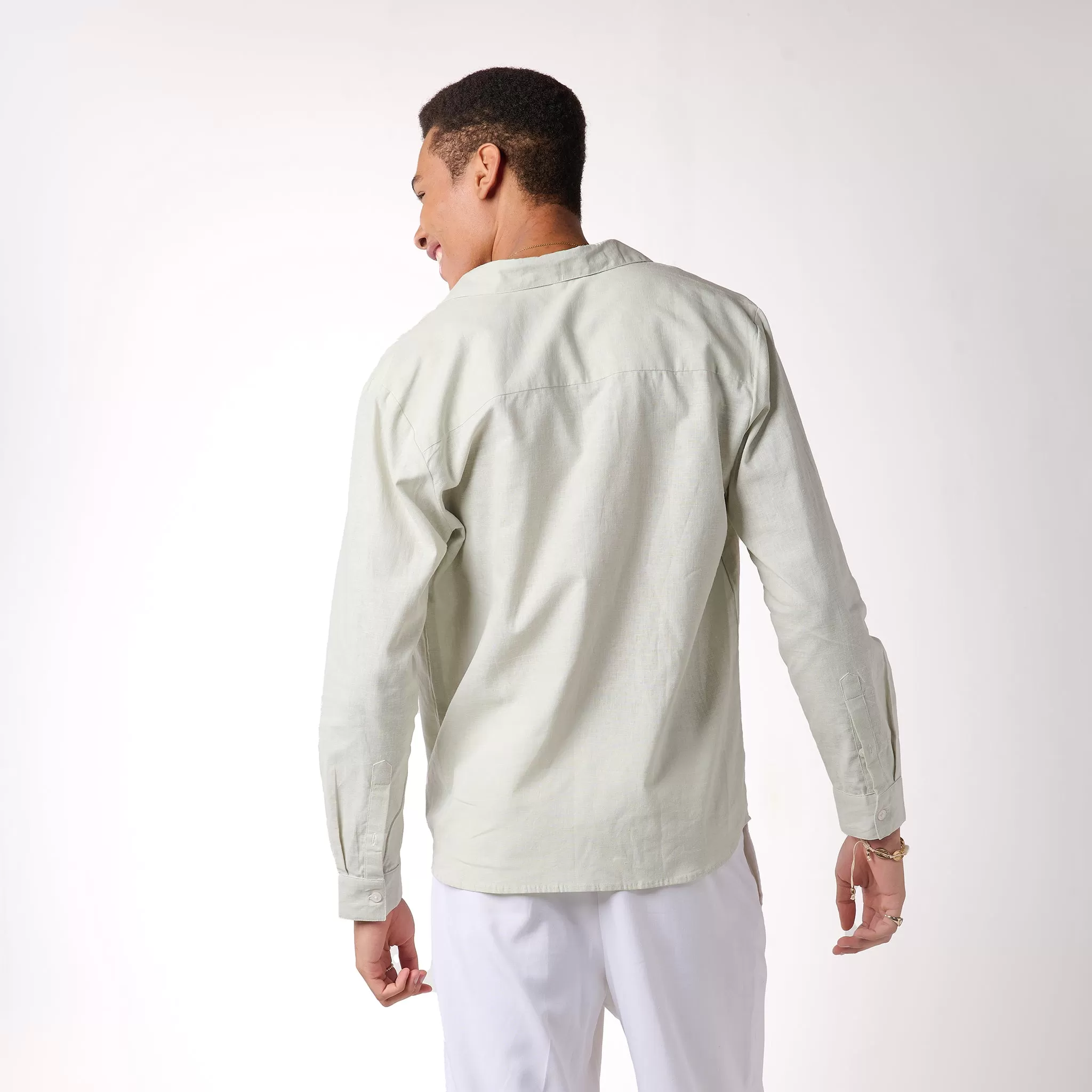 Green relaxed fit full sleeve linen shirt