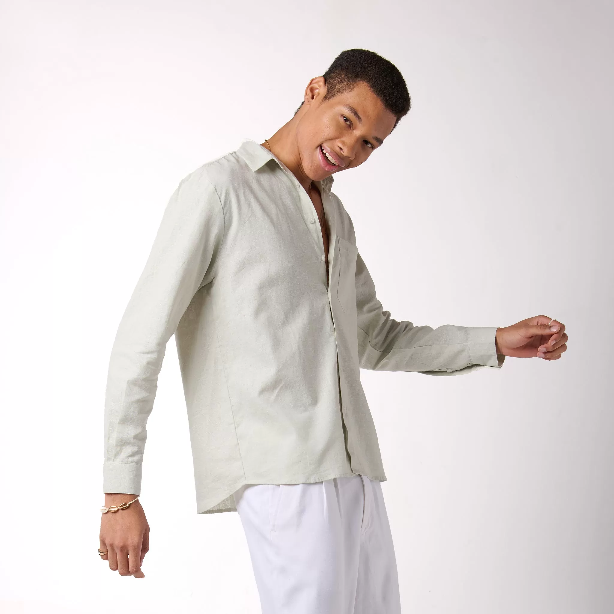 Green relaxed fit full sleeve linen shirt