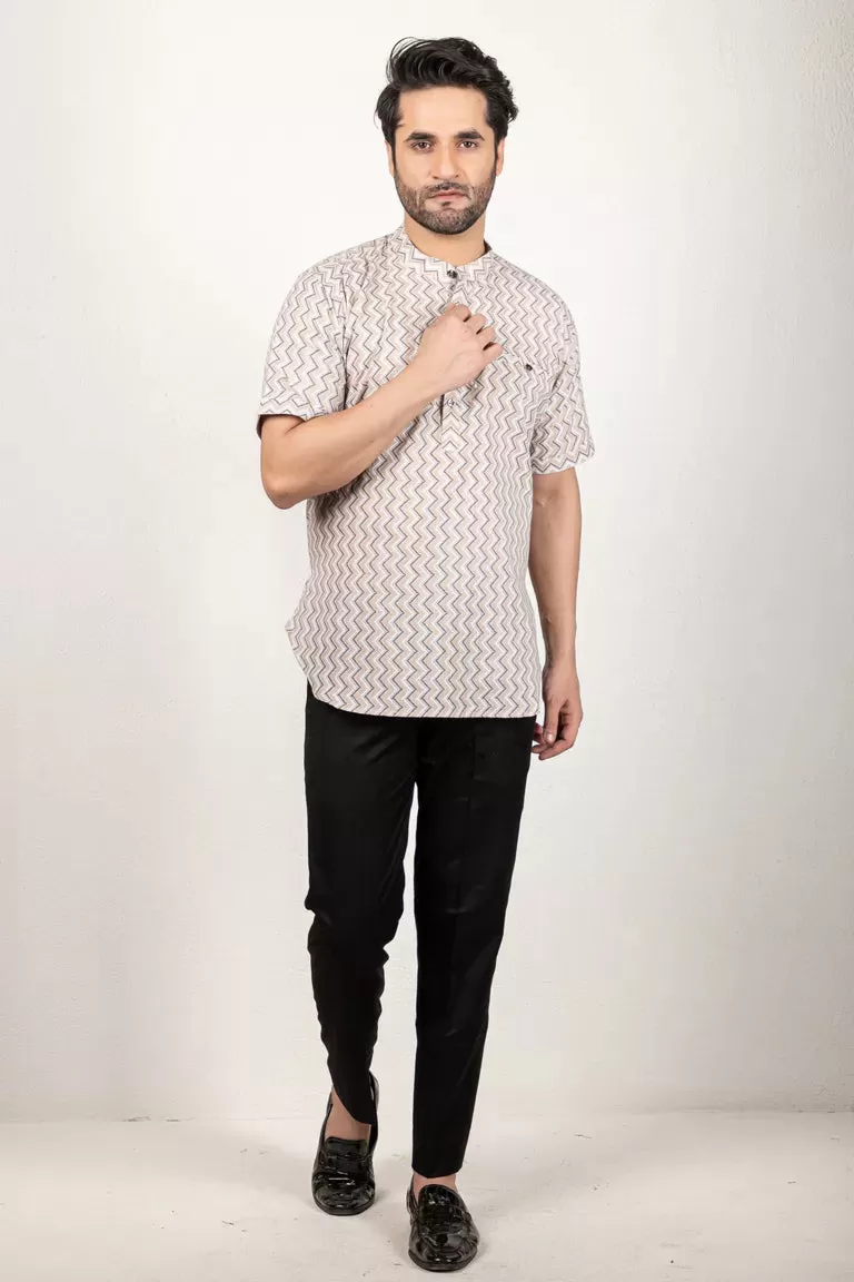 Grey-Colored Short Printed Kurta - 100% Cotton