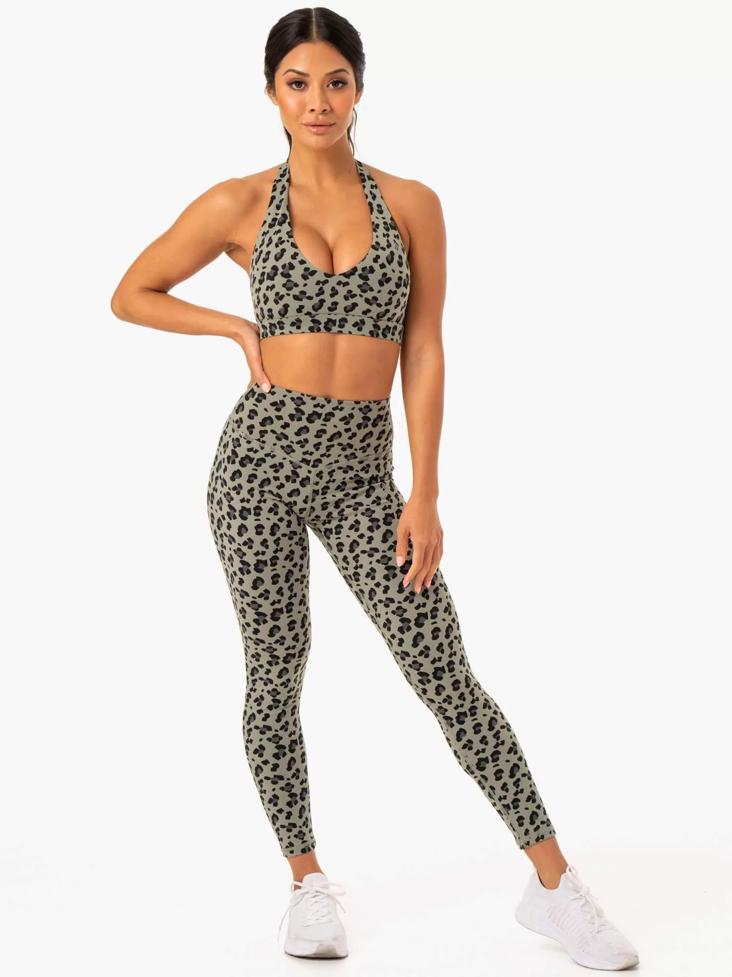 Hybrid Halter Sports Bra - Khaki Leopard