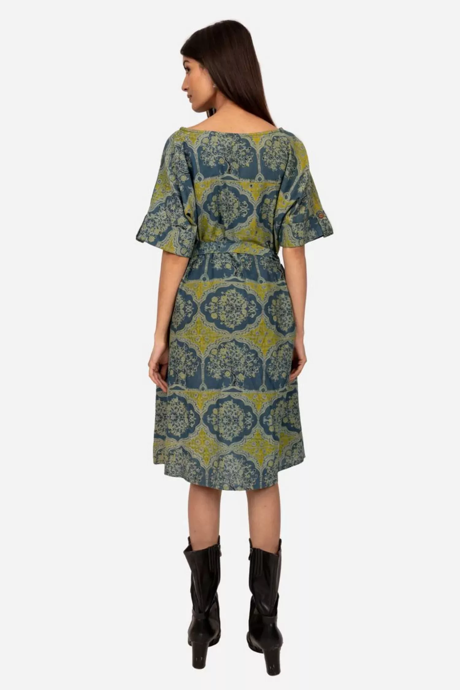 Indigo and mustard pocket tie up dress