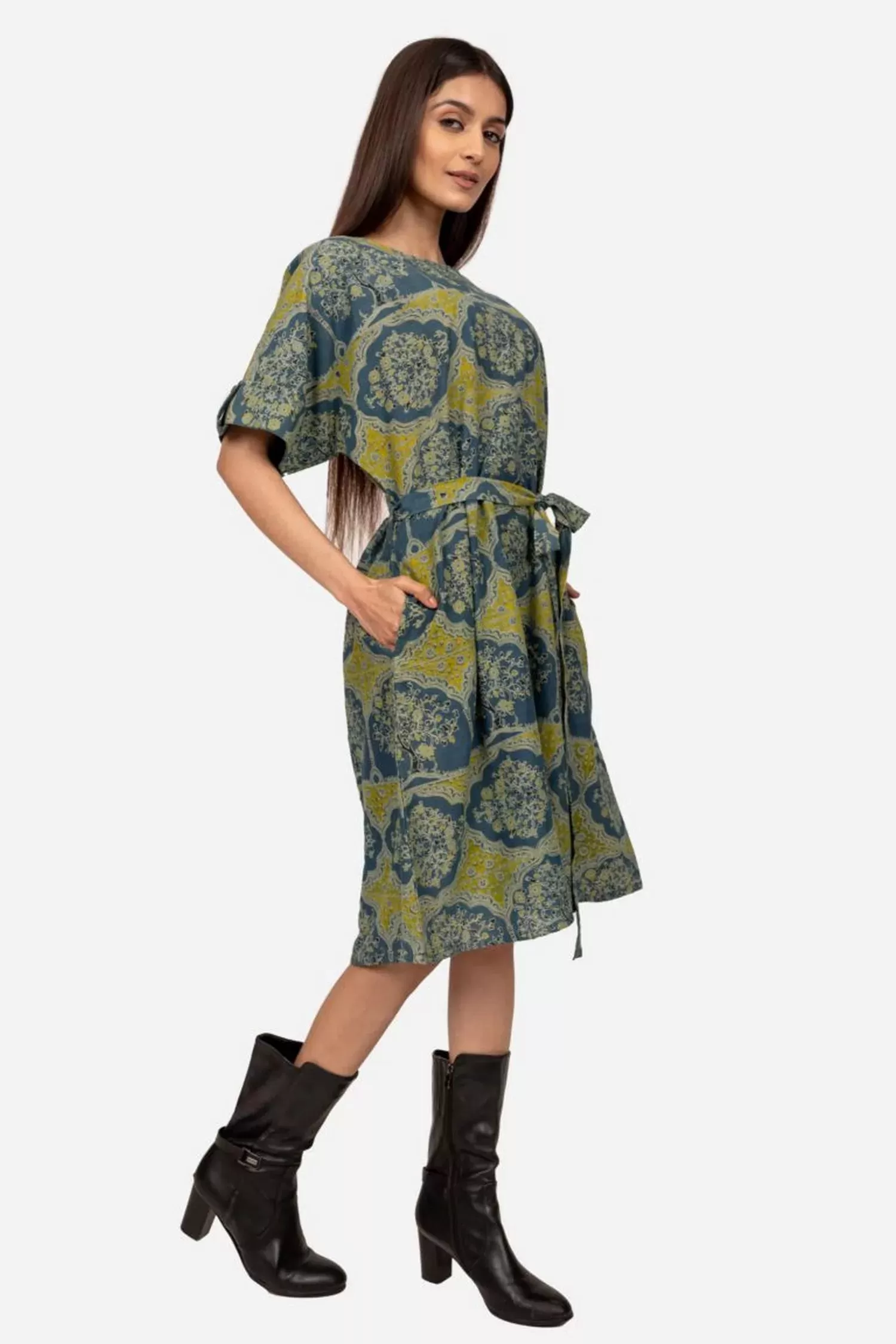 Indigo and mustard pocket tie up dress