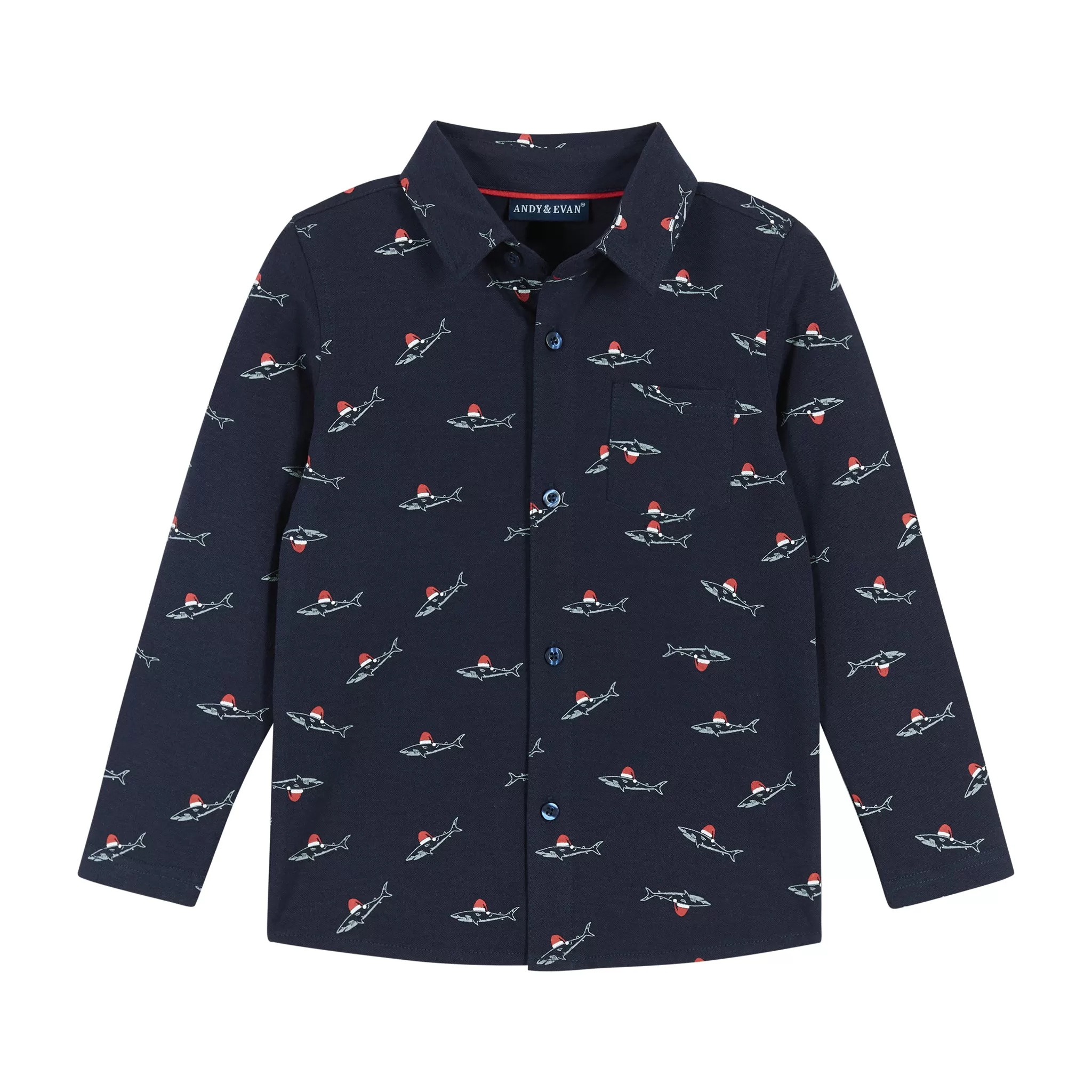 Infant Navy Holiday Sharks Knit Pique Buttondown Set  | Navy