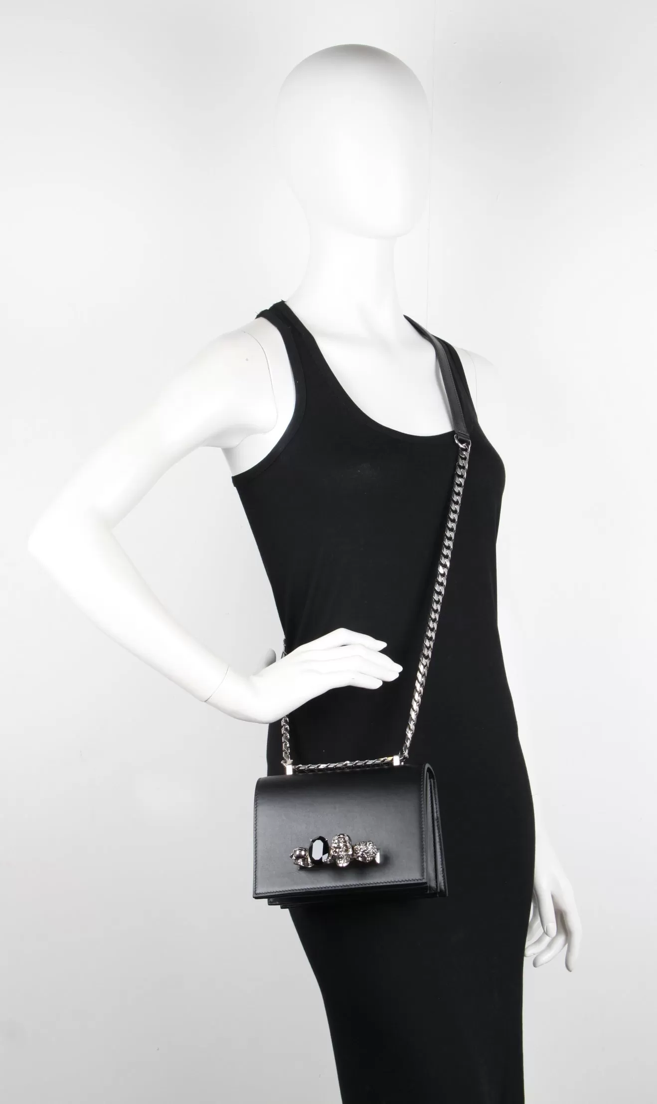 Jewelled Knuckle Satchel Small Smooth, Black/Silver