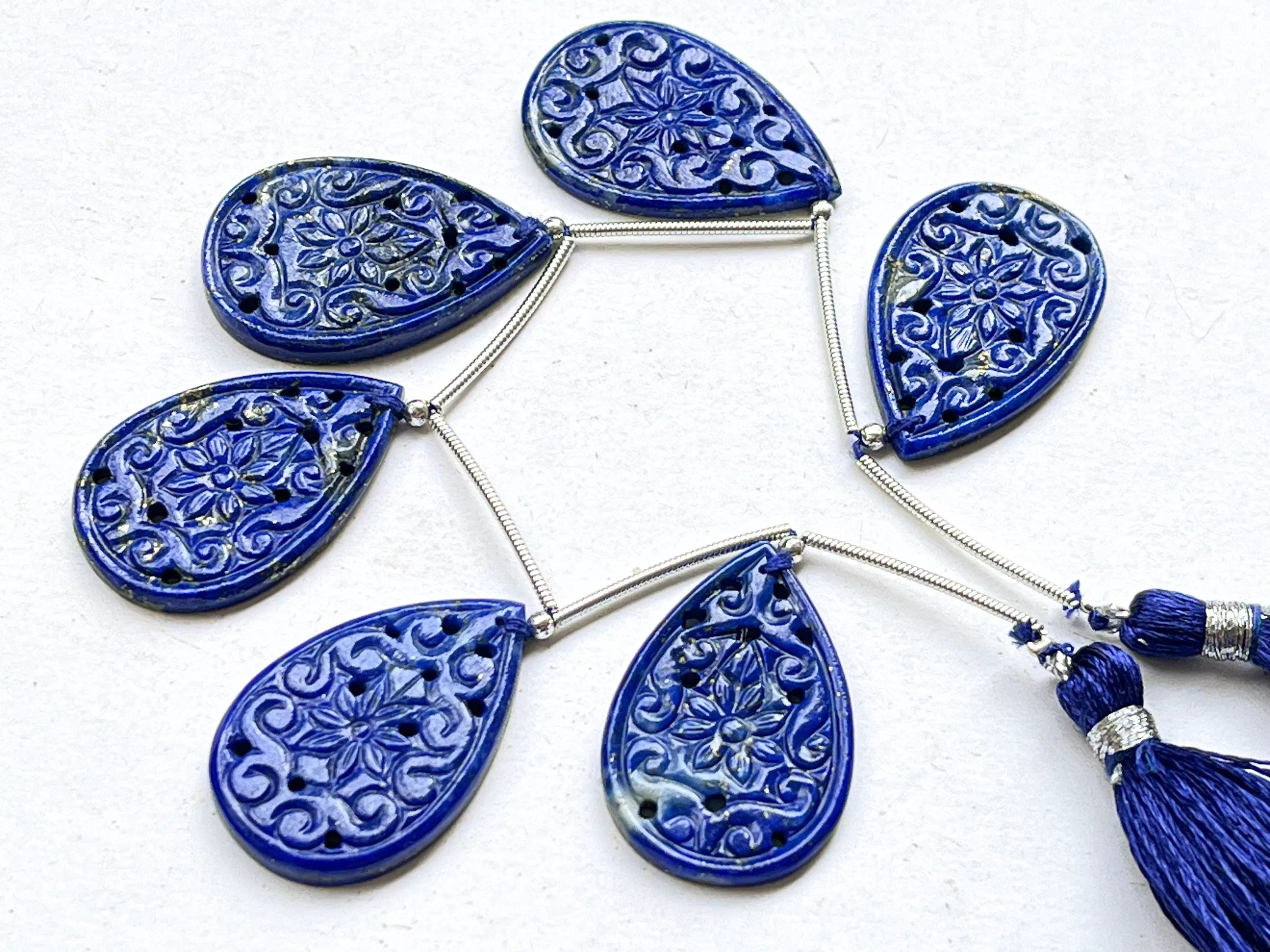 Lapis Lazuli carved pair pear shape beads, Lapis Lazuli window carving