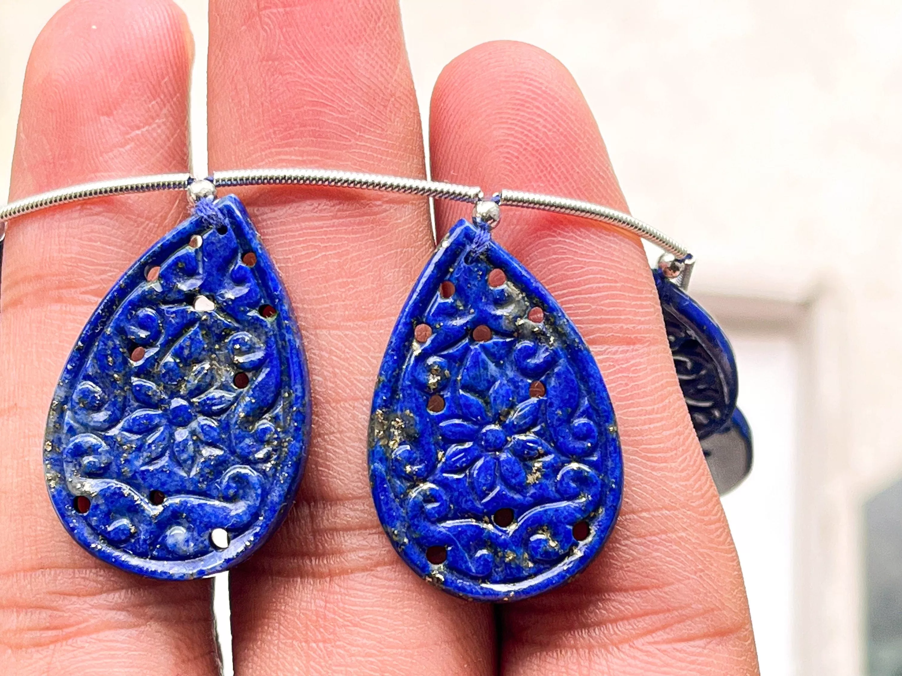 Lapis Lazuli carved pair pear shape beads, Lapis Lazuli window carving