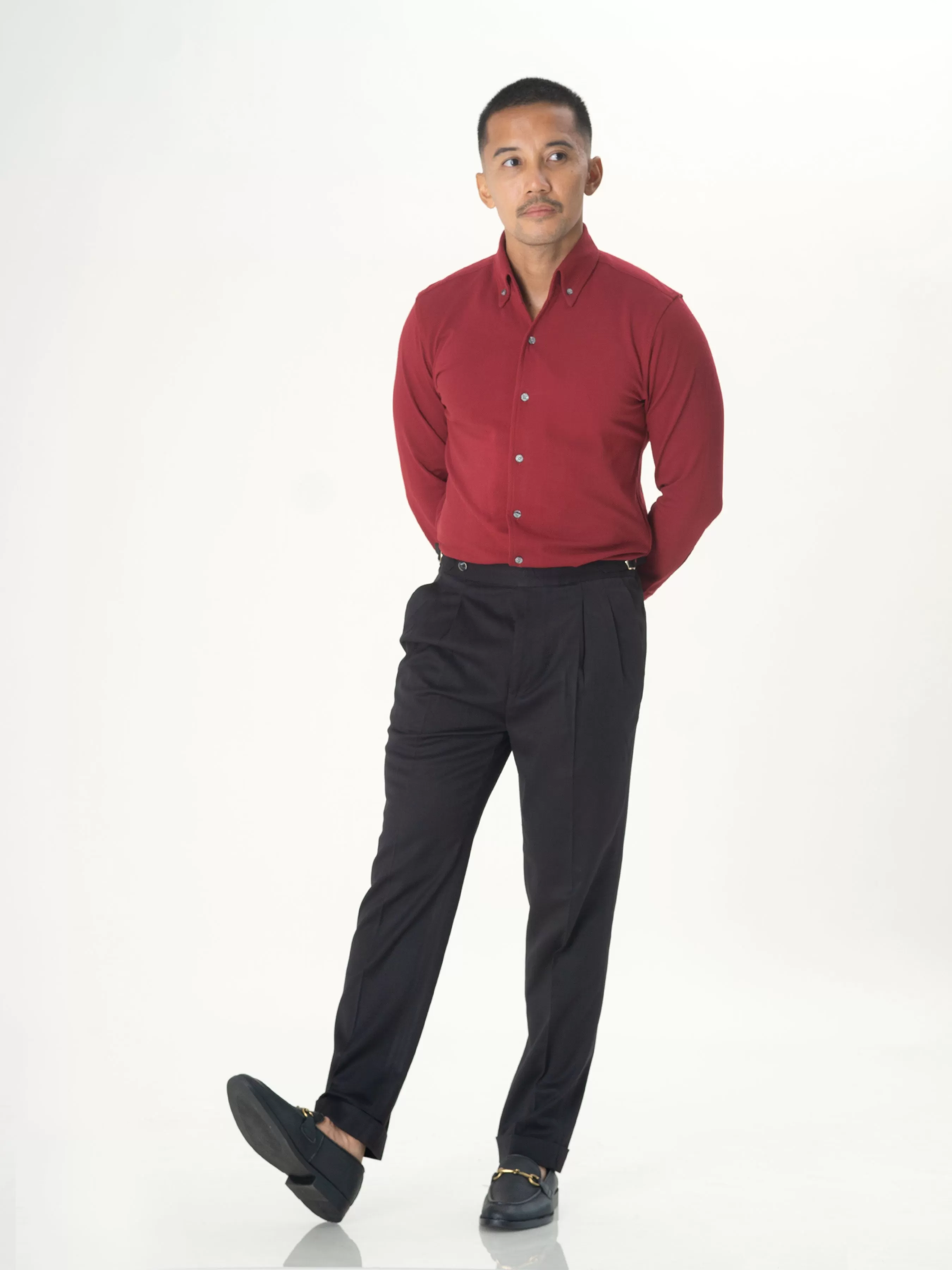 Long Sleeve Polo Shirt - Red Burgundy Button Down