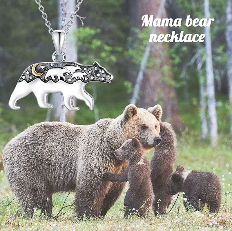 Mama Bear Necklace 925 Sterling Silver Momma Bear Necklace for Women Gift for Mother's Day