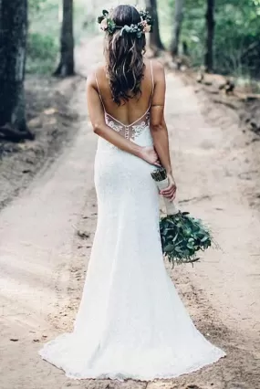 Mermaid Spaghetti Straps Beach Wedding Gowns Sexy V Neck Backless Lace Wedding Dress