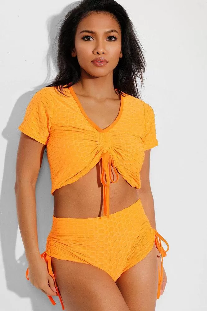 Neon Orange Ruched Drawstring Shorts And Crop Top 2 Piece Tracksuit