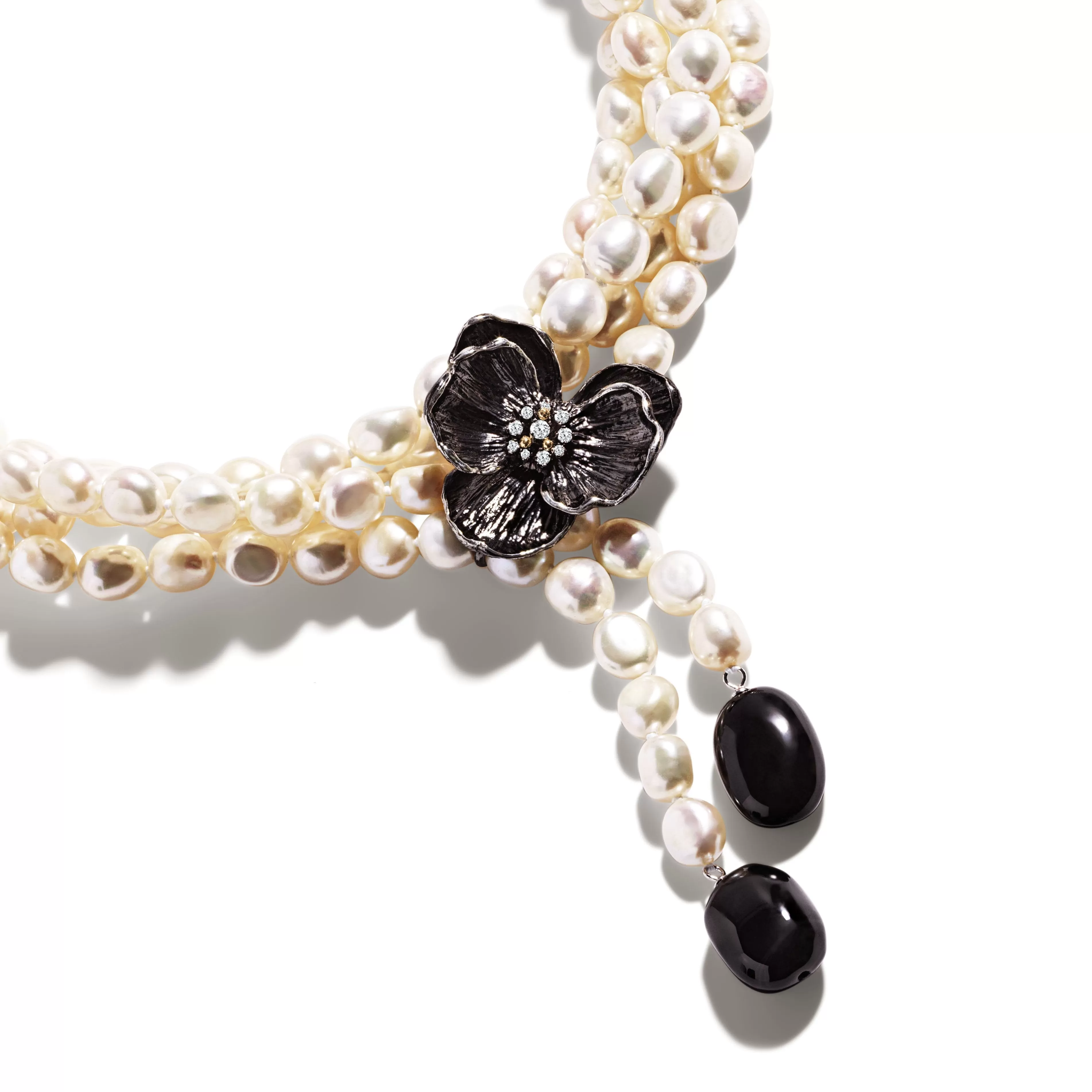 Orchid Lariat Necklace with Pearls, Black Onyx and Diamonds