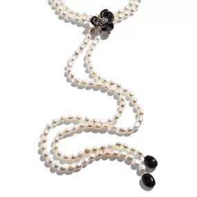 Orchid Lariat Necklace with Pearls, Black Onyx and Diamonds