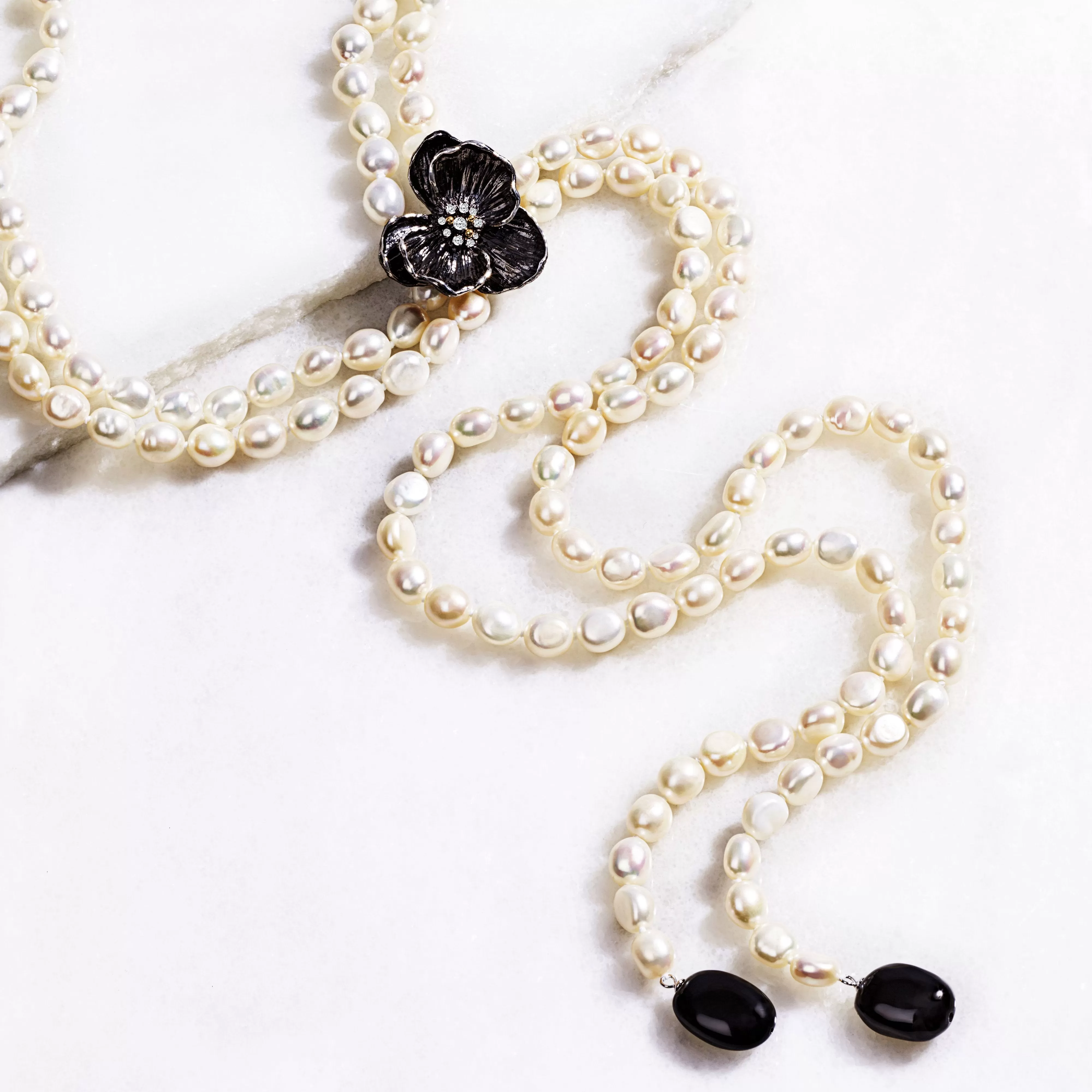 Orchid Lariat Necklace with Pearls, Black Onyx and Diamonds