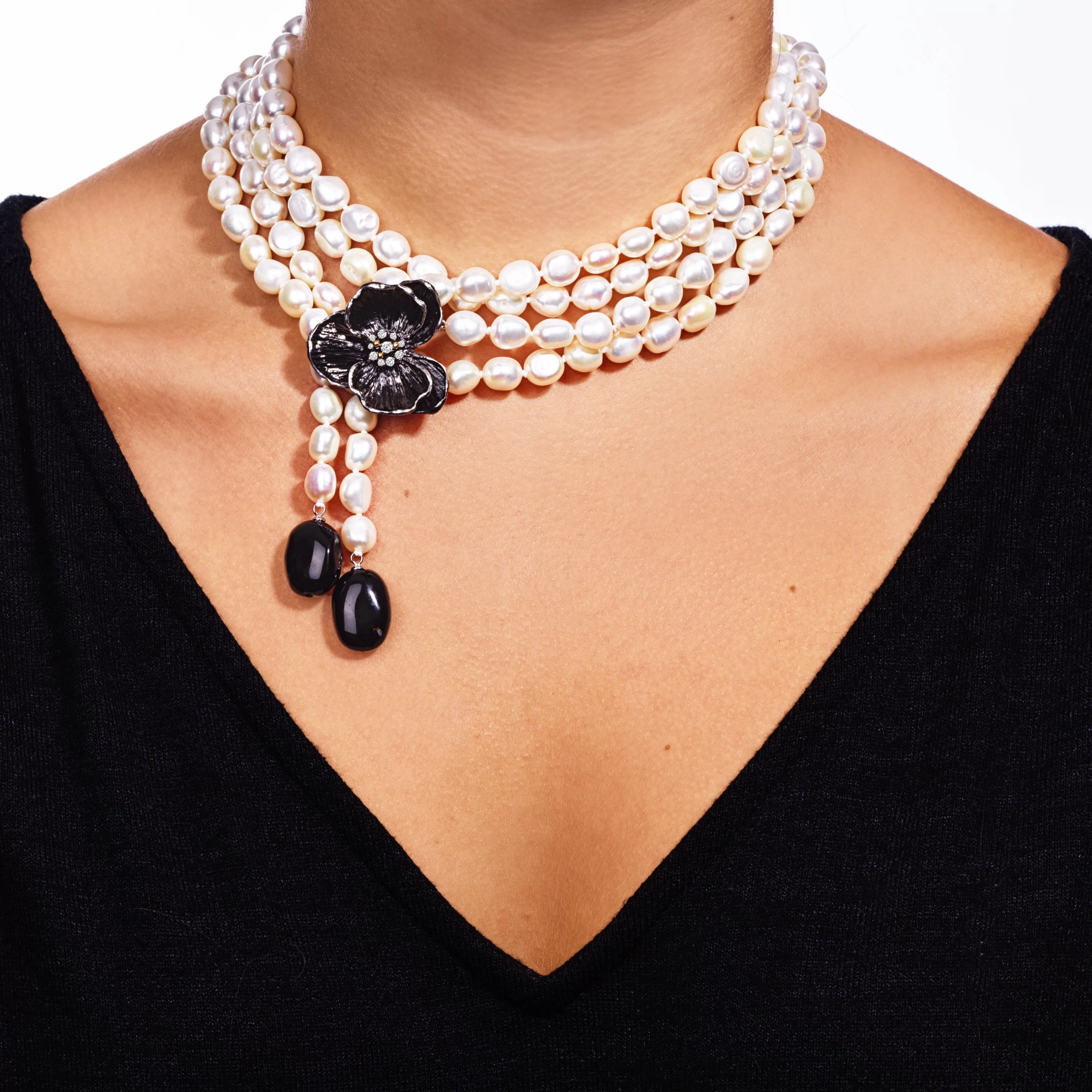 Orchid Lariat Necklace with Pearls, Black Onyx and Diamonds