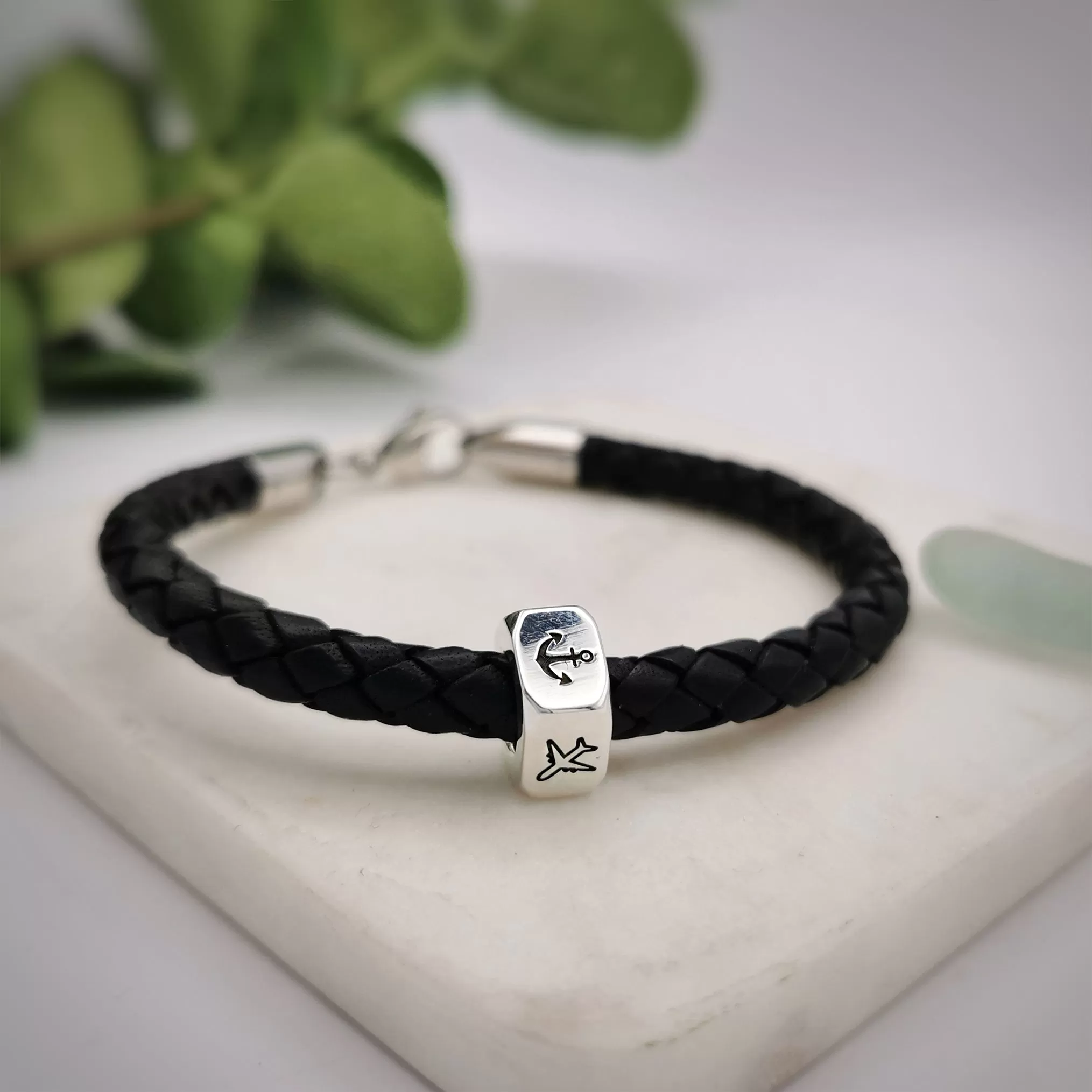 Personalised Travel Symbols Silver and Leather Bracelet