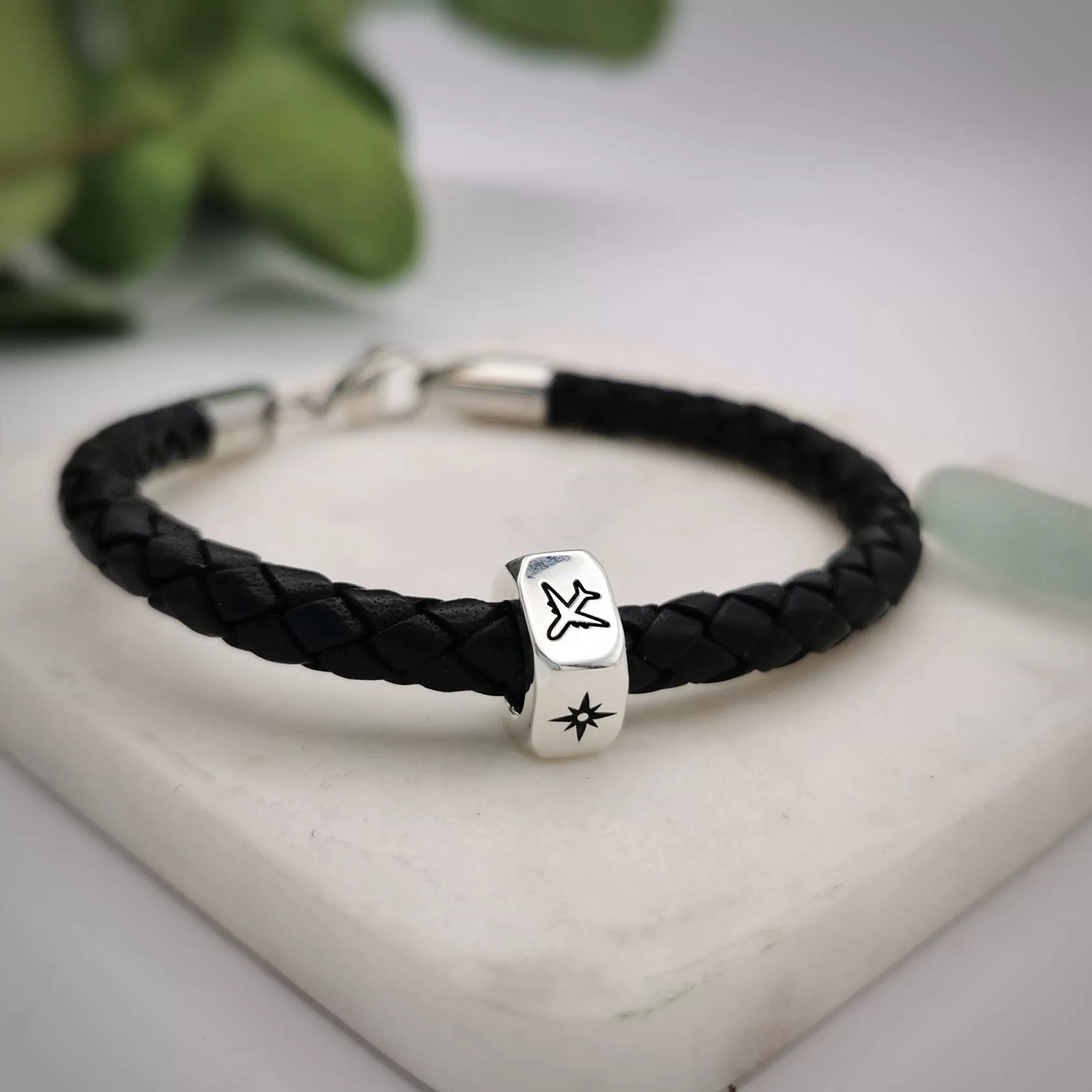 Personalised Travel Symbols Silver and Leather Bracelet