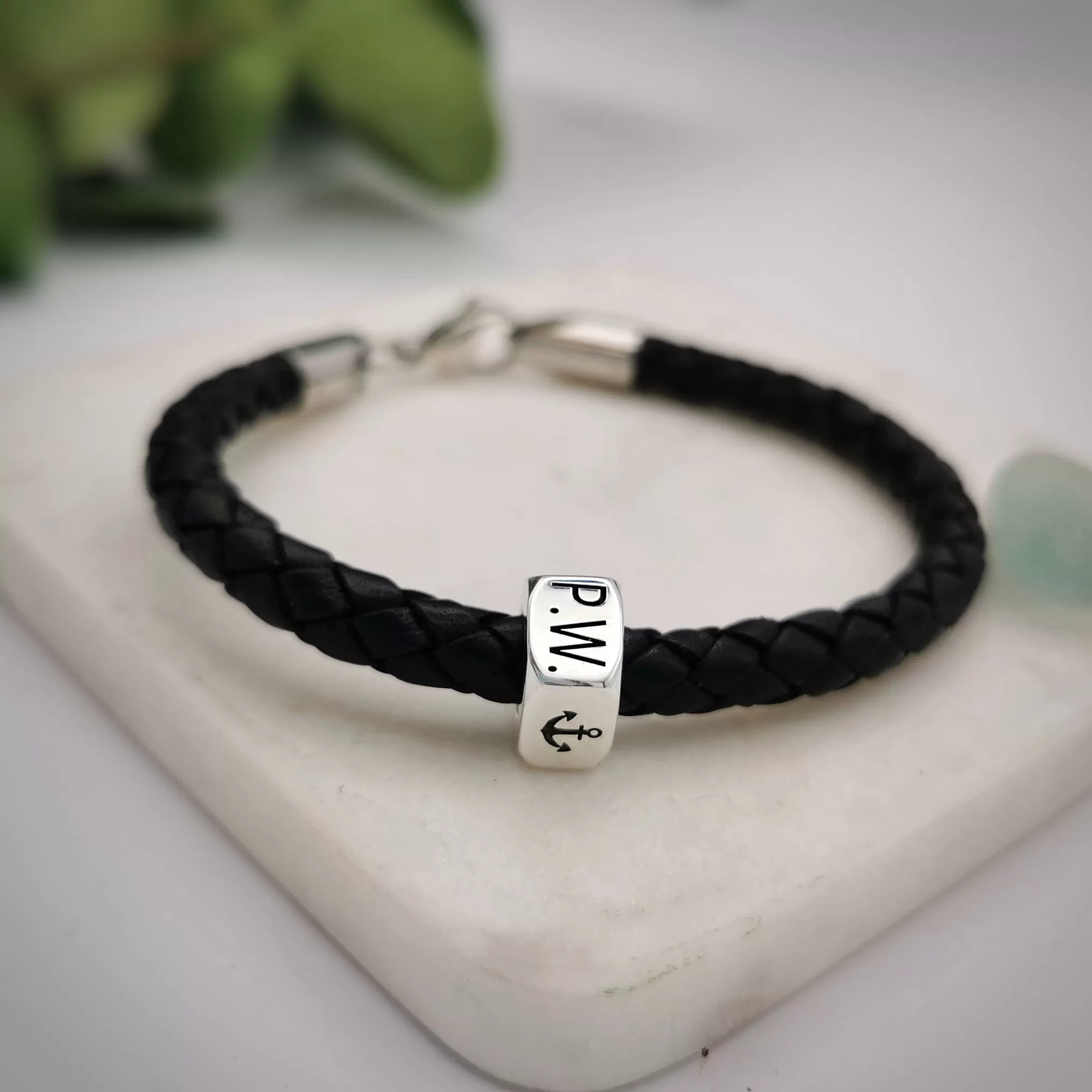 Personalised Travel Symbols Silver and Leather Bracelet