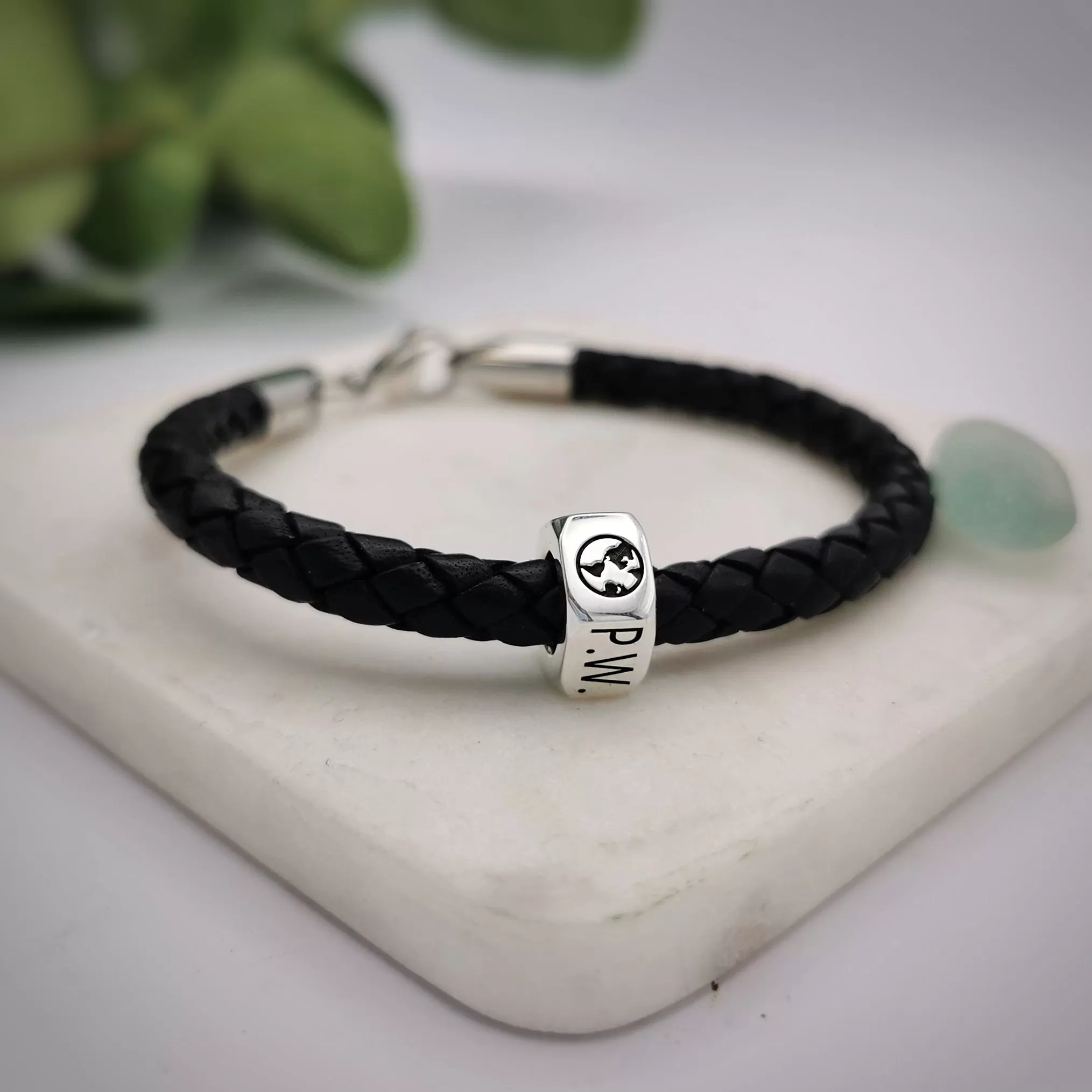 Personalised Travel Symbols Silver and Leather Bracelet