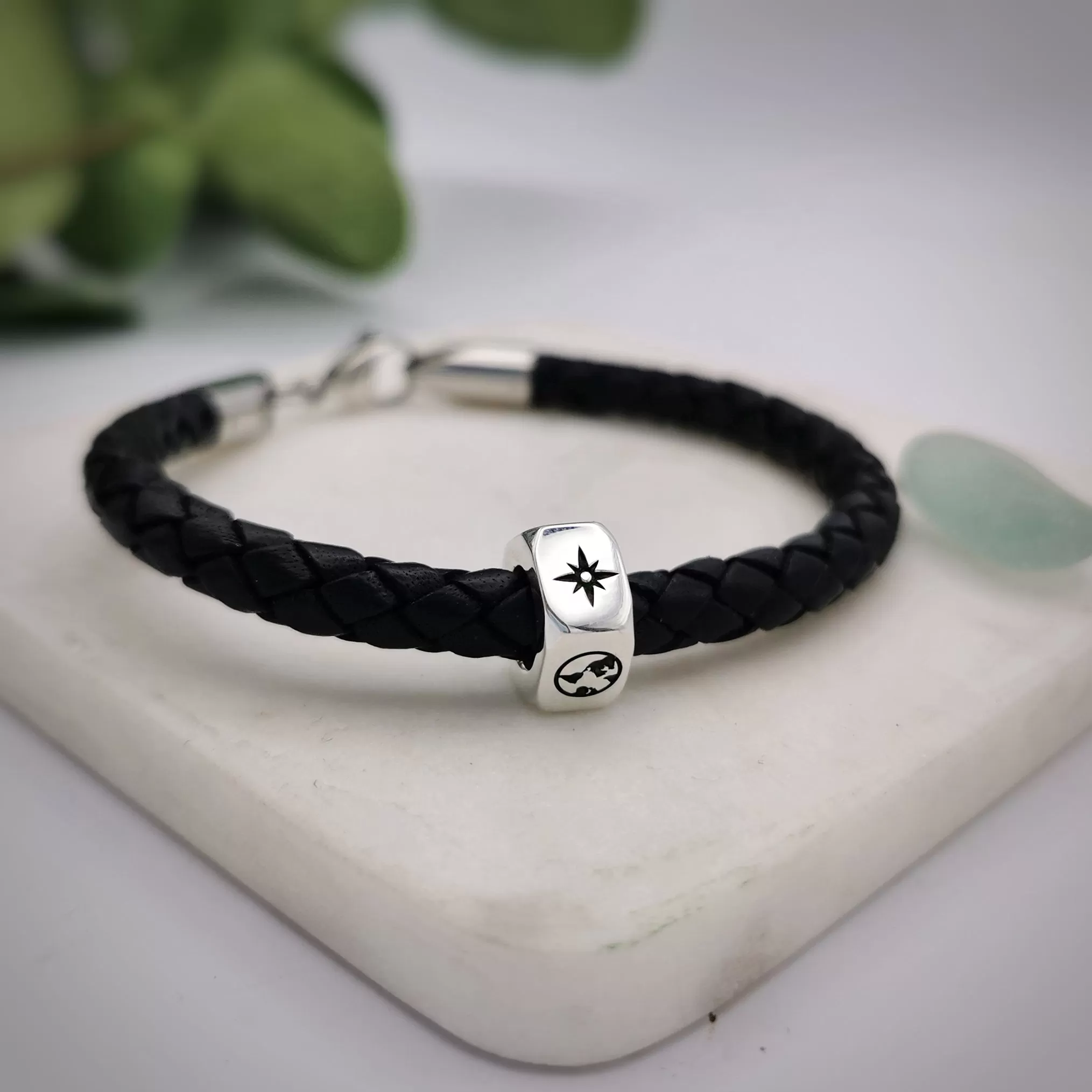 Personalised Travel Symbols Silver and Leather Bracelet