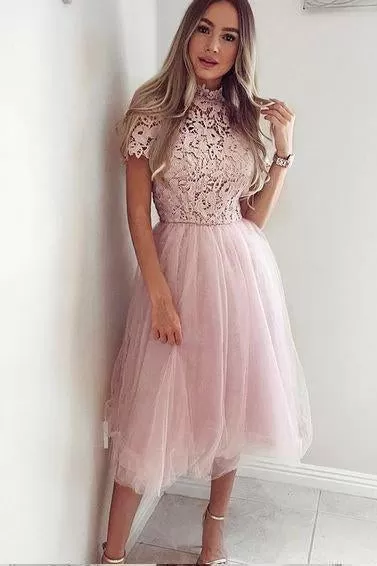 Pink Tea Length Tulle High Neck Short Sleeve Homecoming Dresses Short Prom Dress