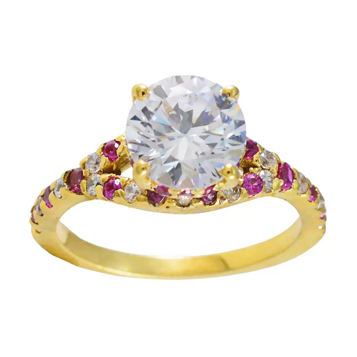 Riyo Attractive Silver Ring With Yellow Gold Plating Ruby CZ Stone Round Shape Prong Setting Ring