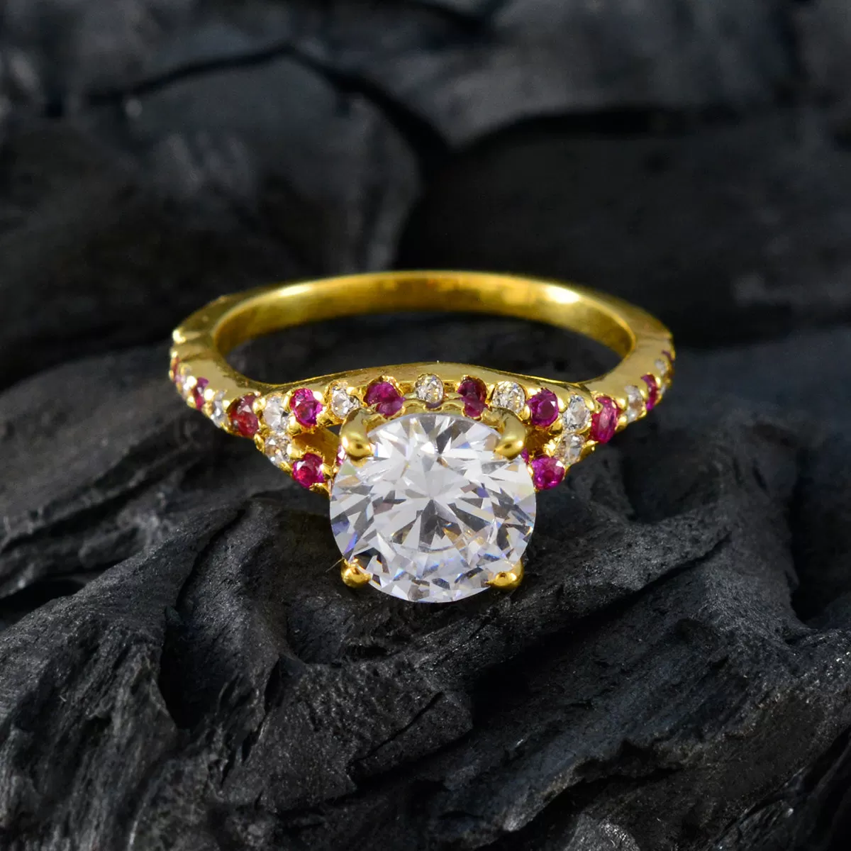 Riyo Attractive Silver Ring With Yellow Gold Plating Ruby CZ Stone Round Shape Prong Setting Ring