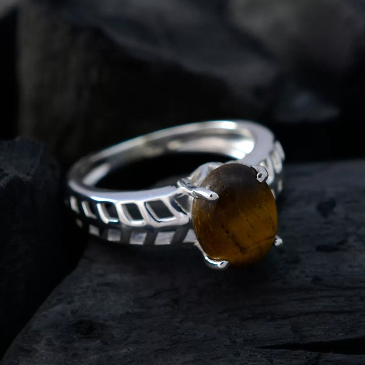 Riyo Cute Gemstones Tiger Eye Solid Silver Rings Mom Birthday Gift