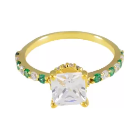 Riyo Elegant Silver Ring With Yellow Gold Plating Emerald CZ Stone square Shape Prong Setting Fashion Jewelry Thanksgiving Ring