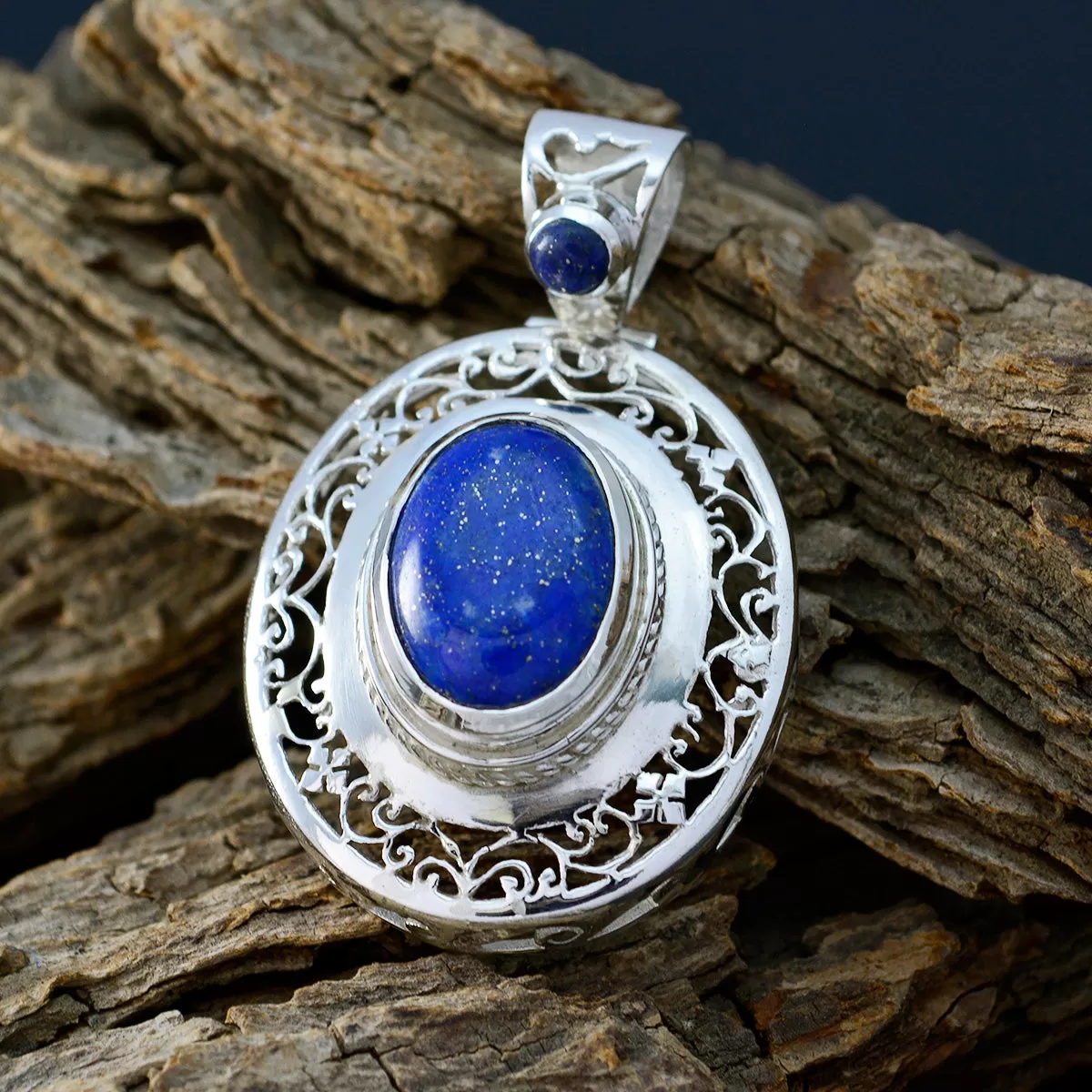 Riyo Genuine Gems Oval Cabochon Nevy Blue Lapis Lazuli 925 Sterling Silver Pendant gift for mom birthday