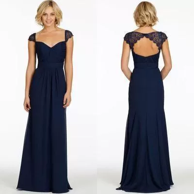 Sexy A-Line Sweetheart Cap Sleeve Lace Open Back Navy Blue Long Bridesmaid Dresses