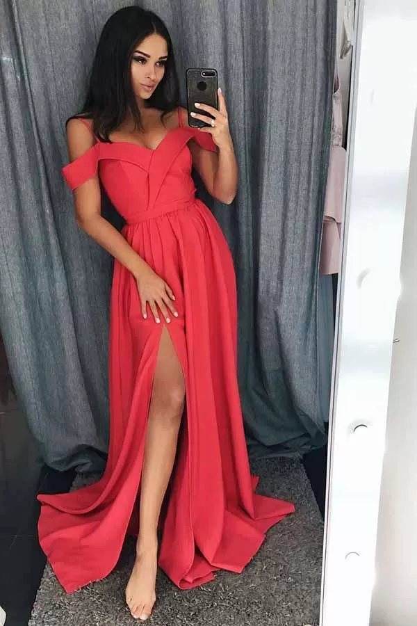 Simple Cold Shoulder Red Satin Straps Prom Dresses A Line with Split Evening Dresses