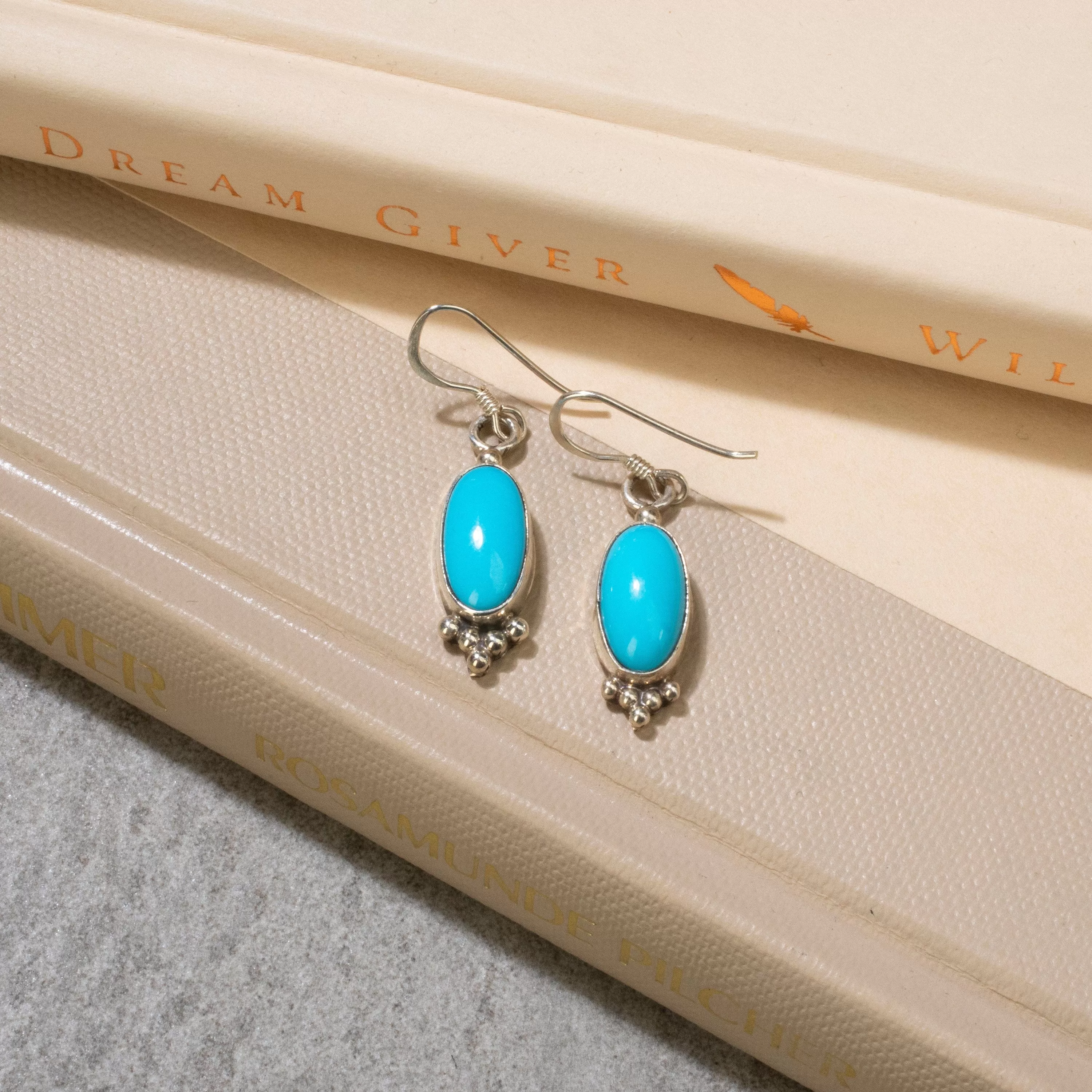 Sleeping Beauty Turquoise Dangle Oval Navajo USA Native American Made 925 Sterling Silver Earrings with French Hook