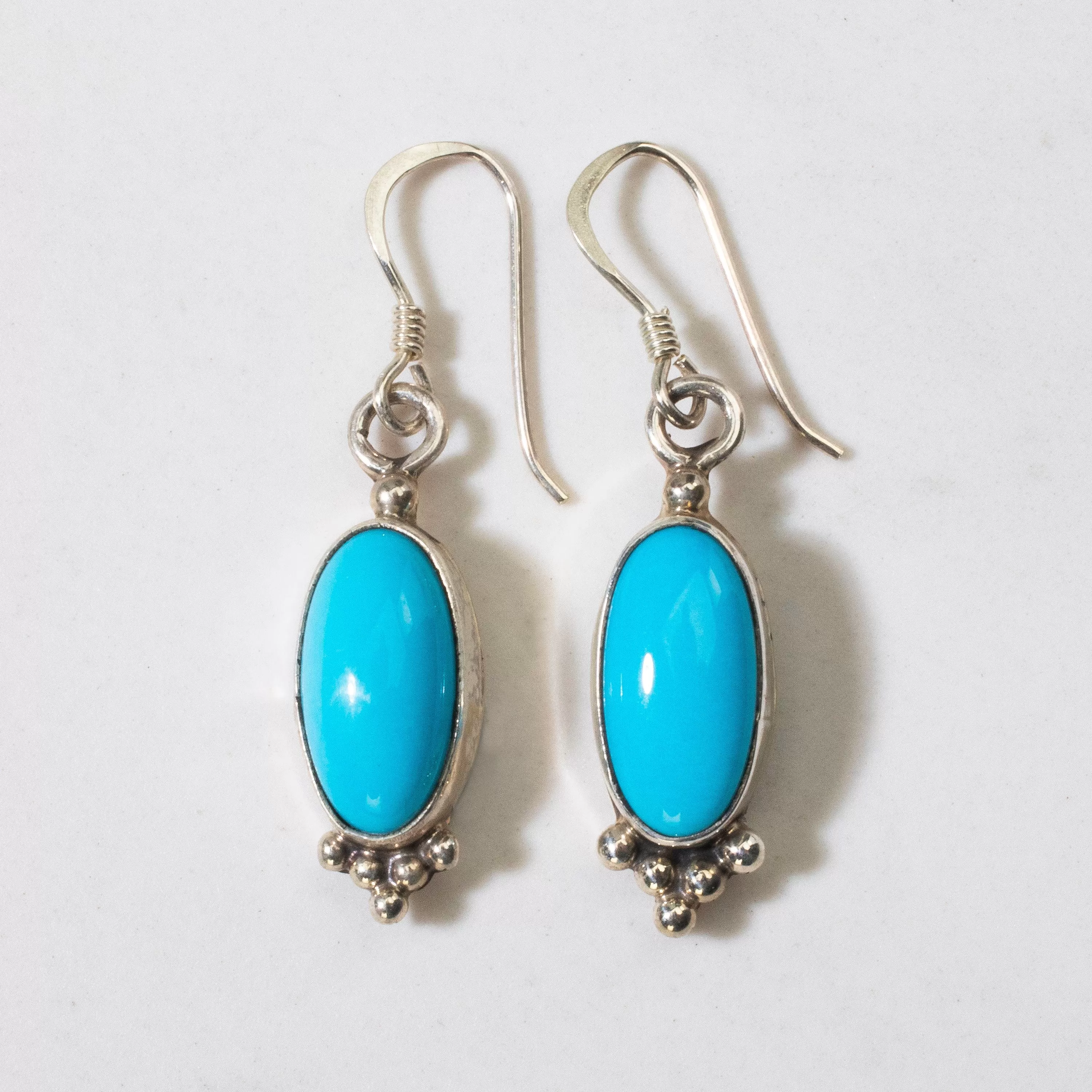 Sleeping Beauty Turquoise Dangle Oval Navajo USA Native American Made 925 Sterling Silver Earrings with French Hook