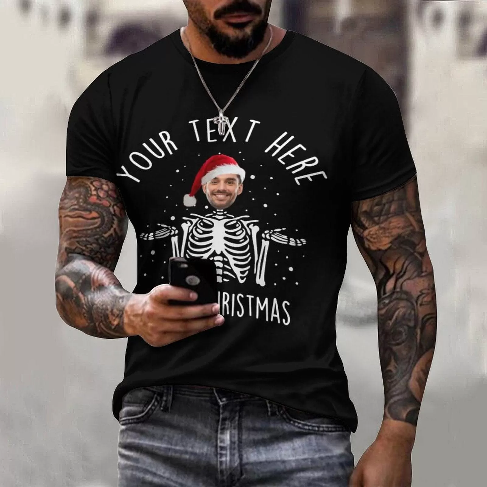 Slim Fit Cotton T-Shirt-Custom Face Skeleton Christmas Red Hat Pure Slim Fit Cotton T-Shirt Personalized Men's All Over Print Short Sleeve T-Shirt